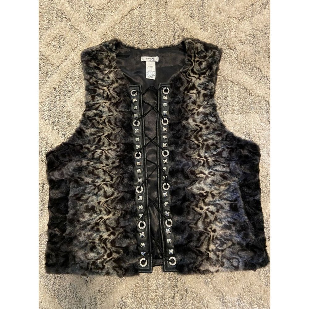 Cache Faux Fur Vest Leather Trim Top Rhinestones Grommets